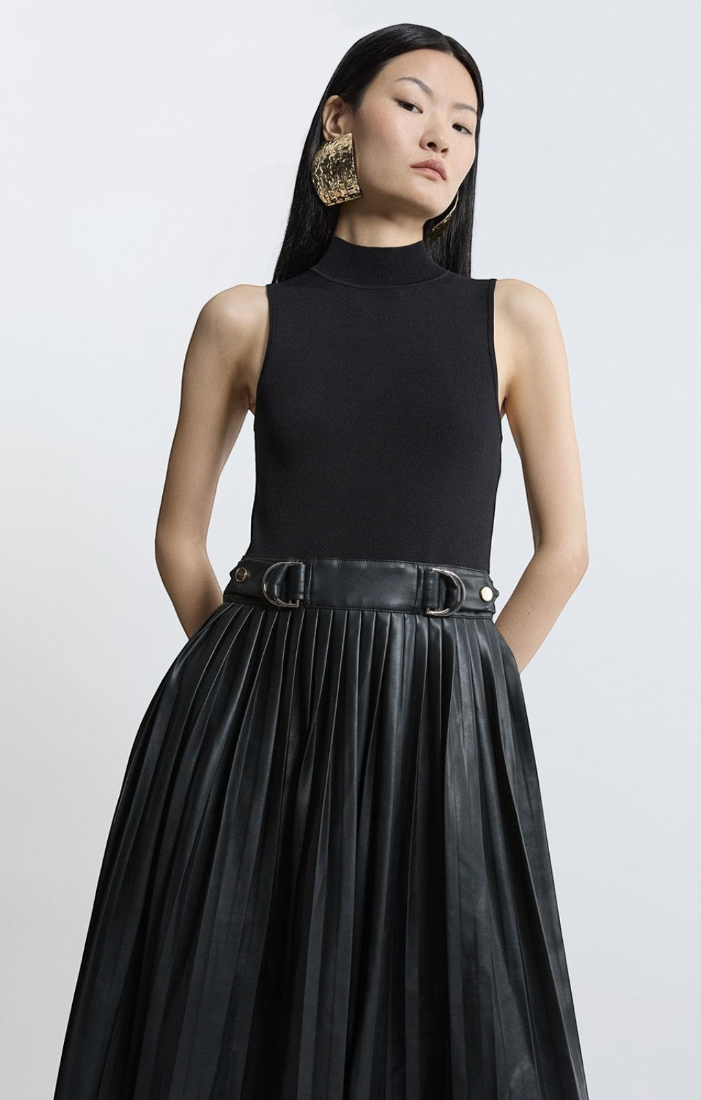 Karen Millen Black Knitted Midi Dress With Pu Detailing