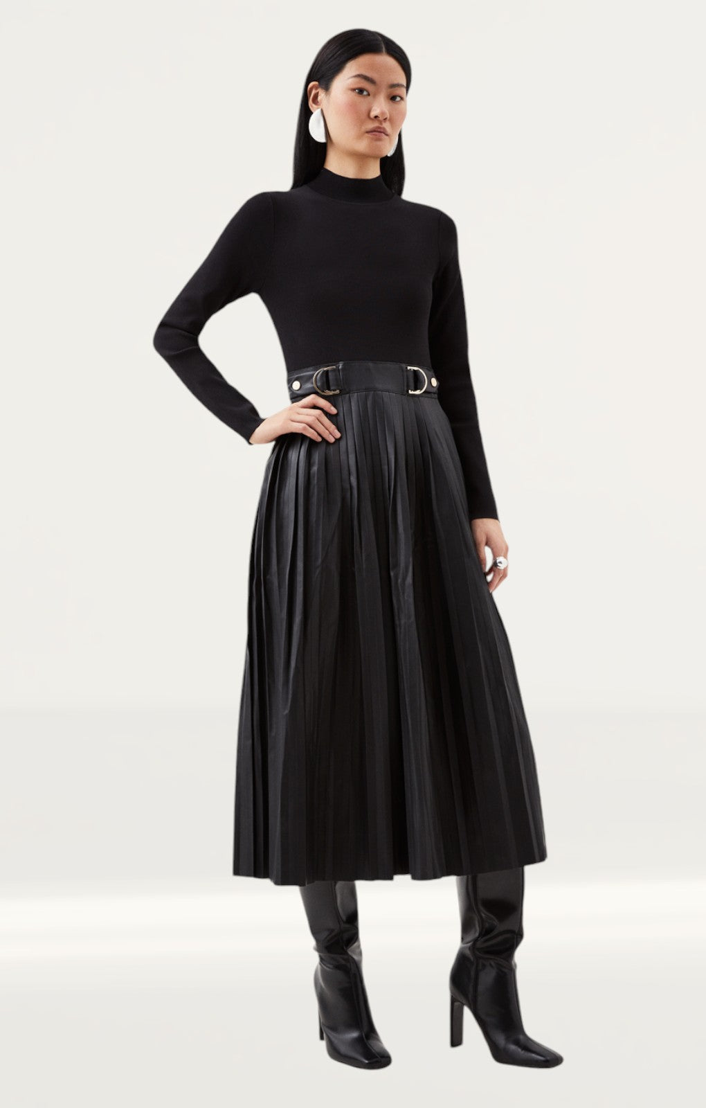 Karen Millen Black Pu Knit Pleated Skirt Midi Dress