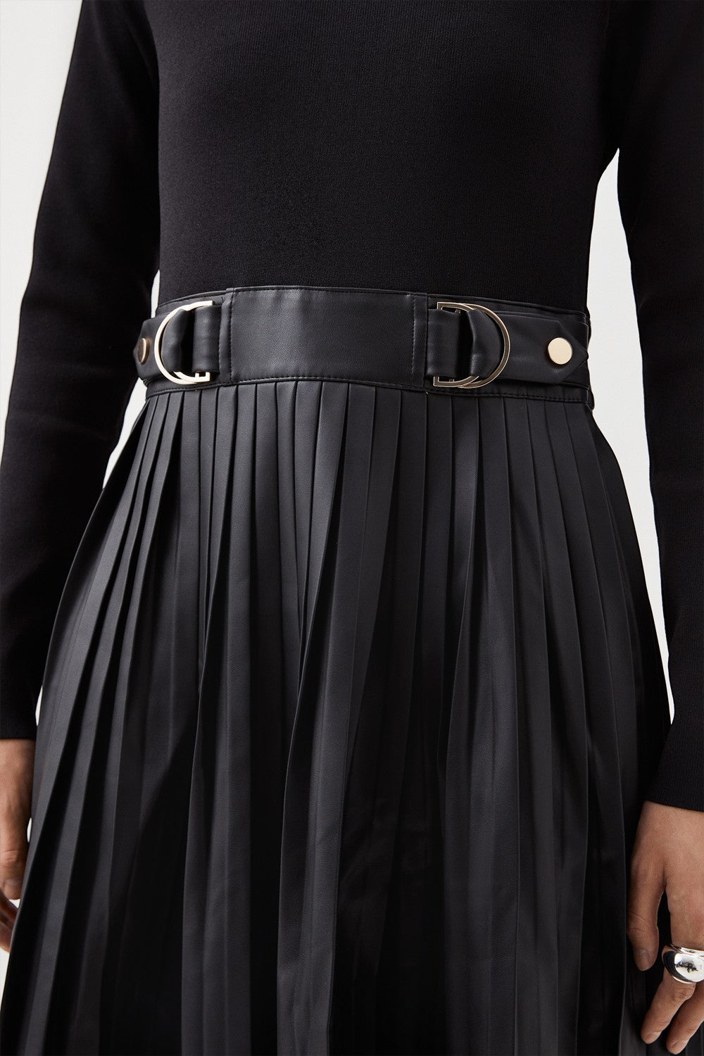 Karen Millen Black Pu Knit Pleated Skirt Midi Dress