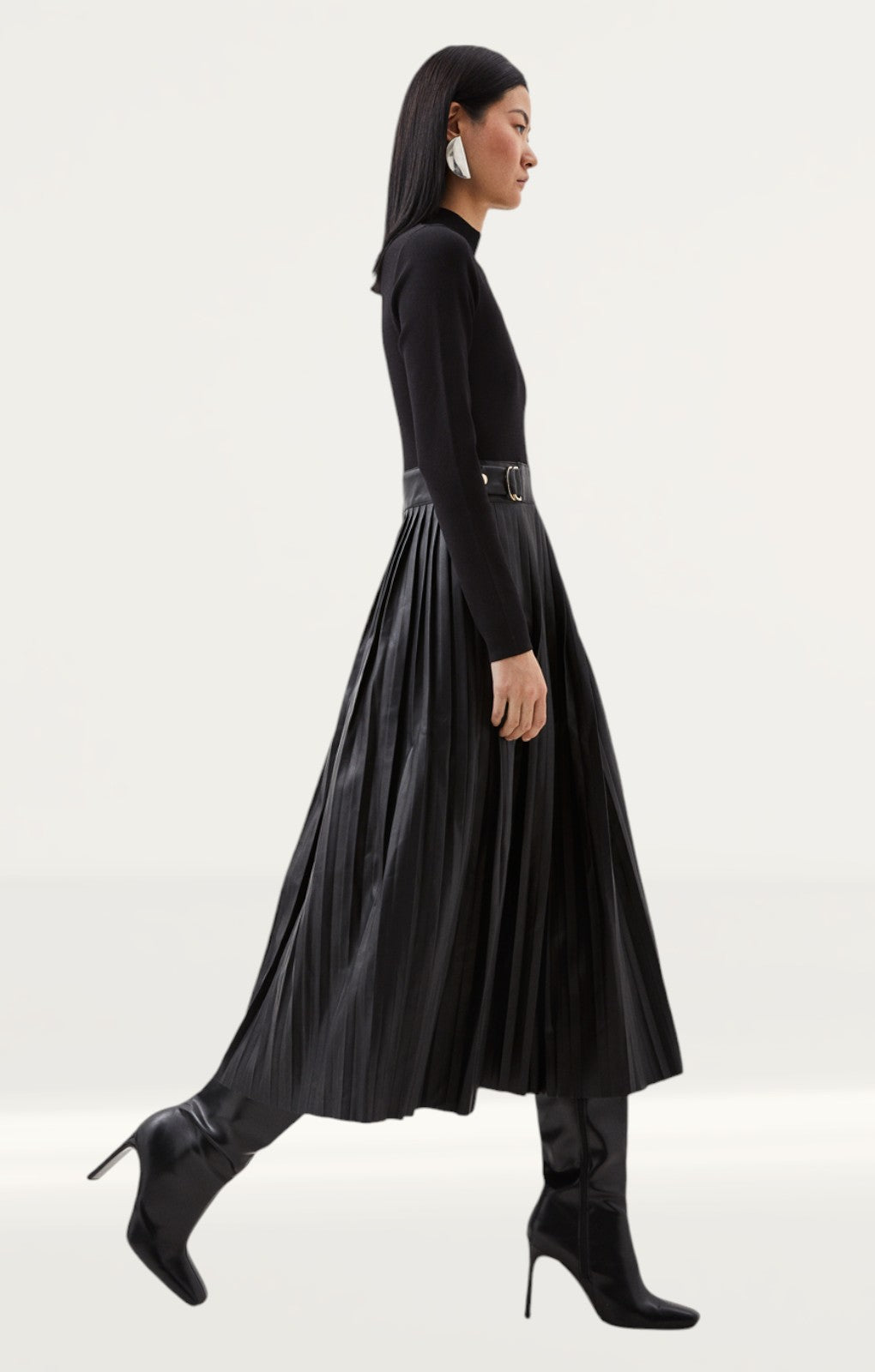 Karen Millen Black Pu Knit Pleated Skirt Midi Dress