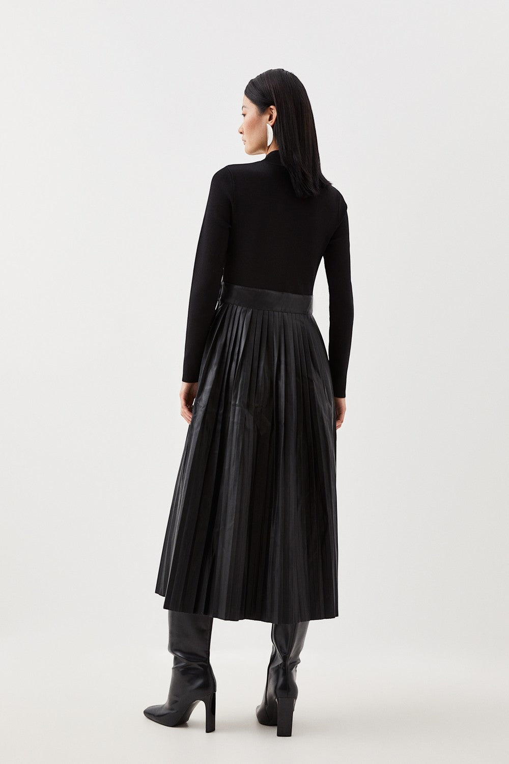 Karen Millen Black Pu Knit Pleated Skirt Midi Dress