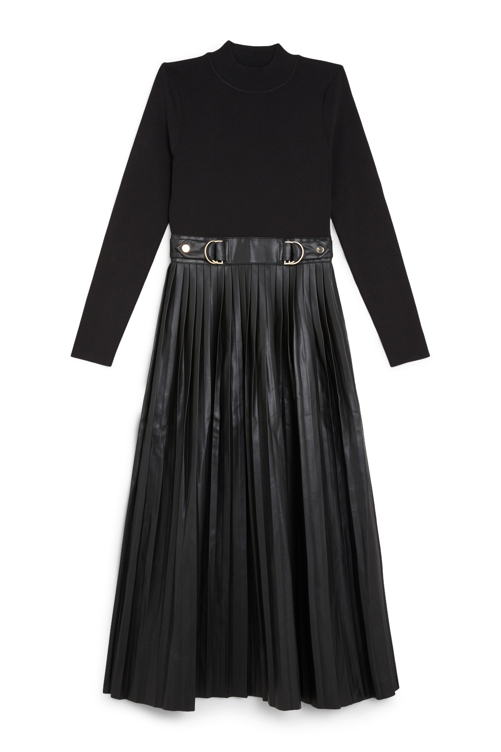 Karen Millen Black Pu Knit Pleated Skirt Midi Dress