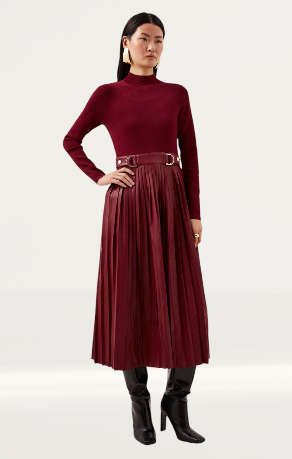 Karen Millen Pu Knit Pleated Skirt Midi Dress