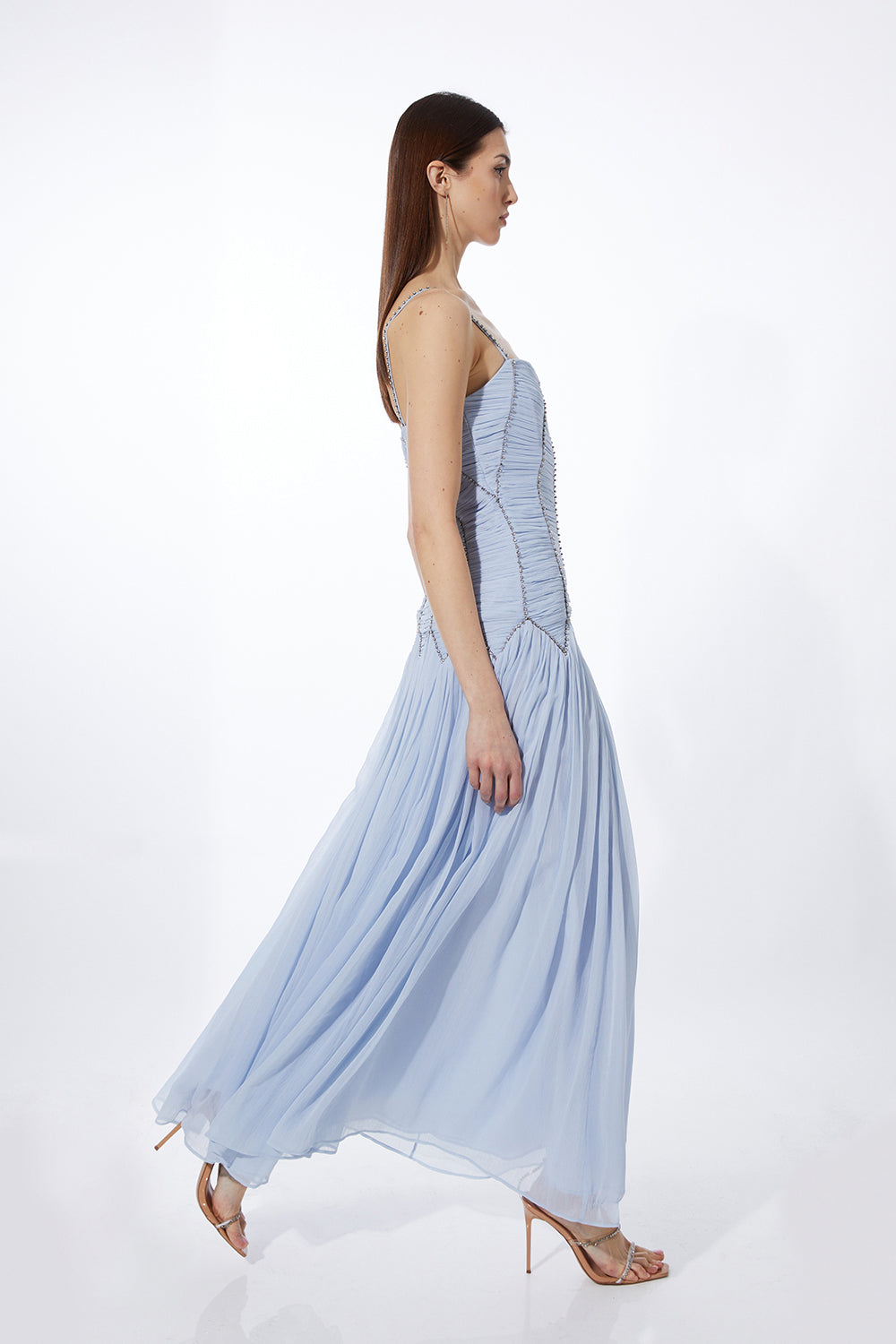Rent Karen Millen Strappy Embellished Ruched Georgette Woven Maxi Dress Hirestreet