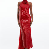 Karen Millen Sequin Rosette Halter Woven Maxi Dress
