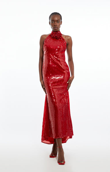 Rent Karen Millen Sequin Rosette Halter Woven Maxi Dress