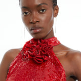 Karen Millen Sequin Rosette Halter Woven Maxi Dress