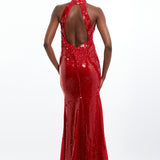 Karen Millen Sequin Rosette Halter Woven Maxi Dress