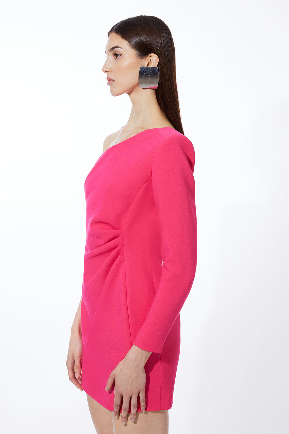 karen millen pink one shoulder dress Karen Millen Soft Tailored Asymmetric Neck Full Skirted Tailored Midi Dress in Hot Pink