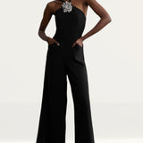 Karen Millen Compact Stretch Viscose Crystal Embellished Rosette Wide Leg Tailored Jumpsuit
