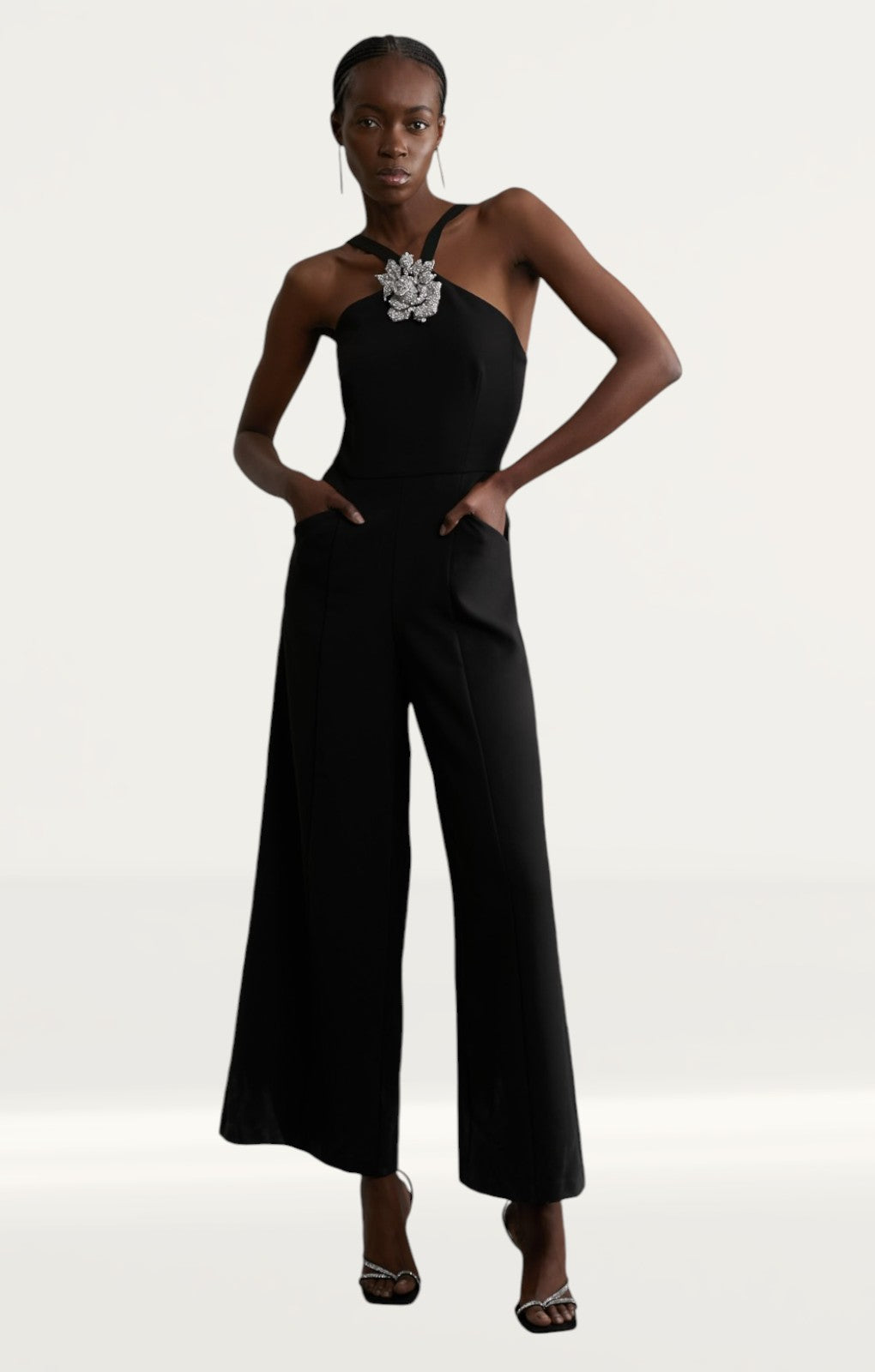Karen Millen Compact Stretch Viscose Crystal Embellished Rosette Wide Leg Tailored Jumpsuit