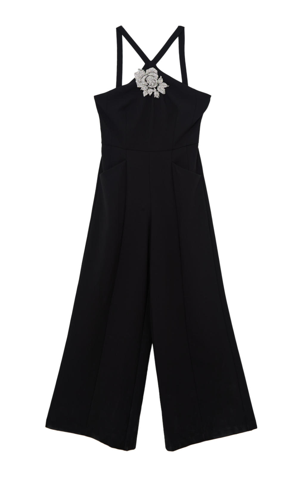 Karen Millen Compact Stretch Viscose Crystal Embellished Rosette Wide Leg Tailored Jumpsuit