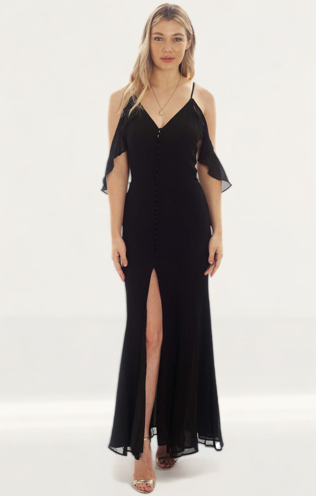 Jarlo Cami Strap Black Maxi Dress With Frill Detail