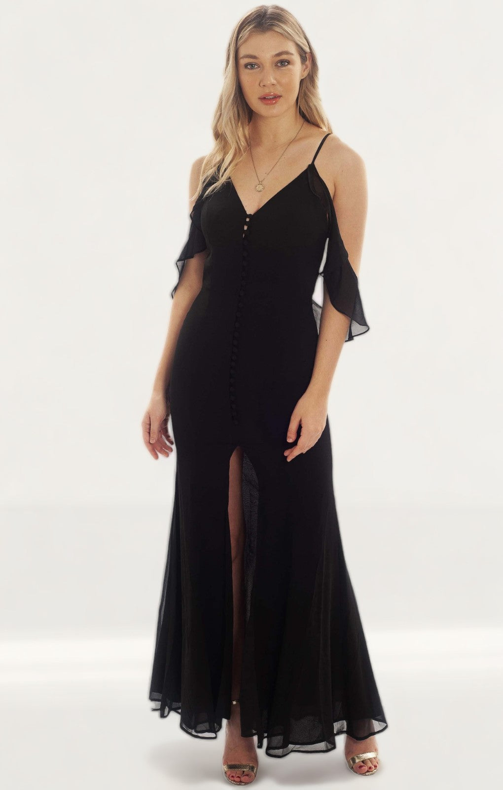 Jarlo Cami Strap Black Maxi Dress With Frill Detail