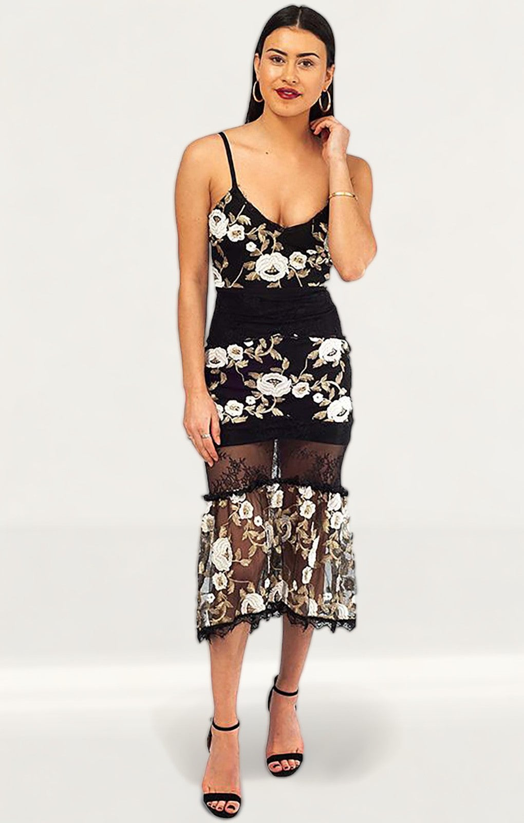 Black Midi Dress With Embroidered Floral Detail product image