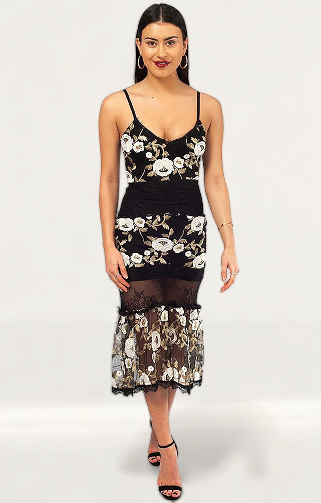 Black Midi Dress With Embroidered Floral Detail product image