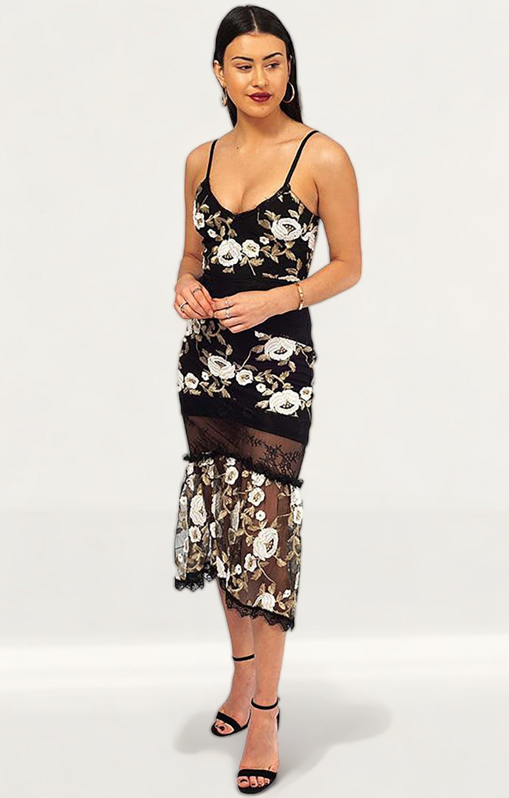 Black Midi Dress With Embroidered Floral Detail product image