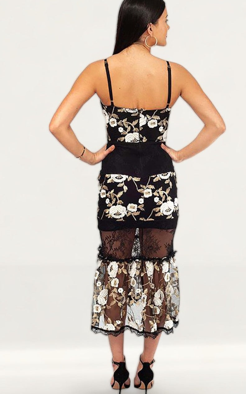 Black Midi Dress With Embroidered Floral Detail