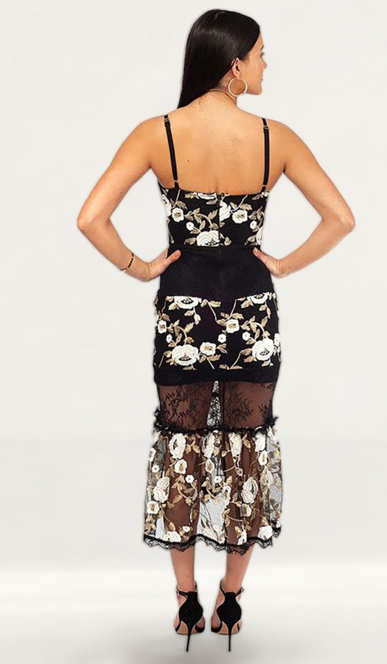 Black Midi Dress With Embroidered Floral Detail product image