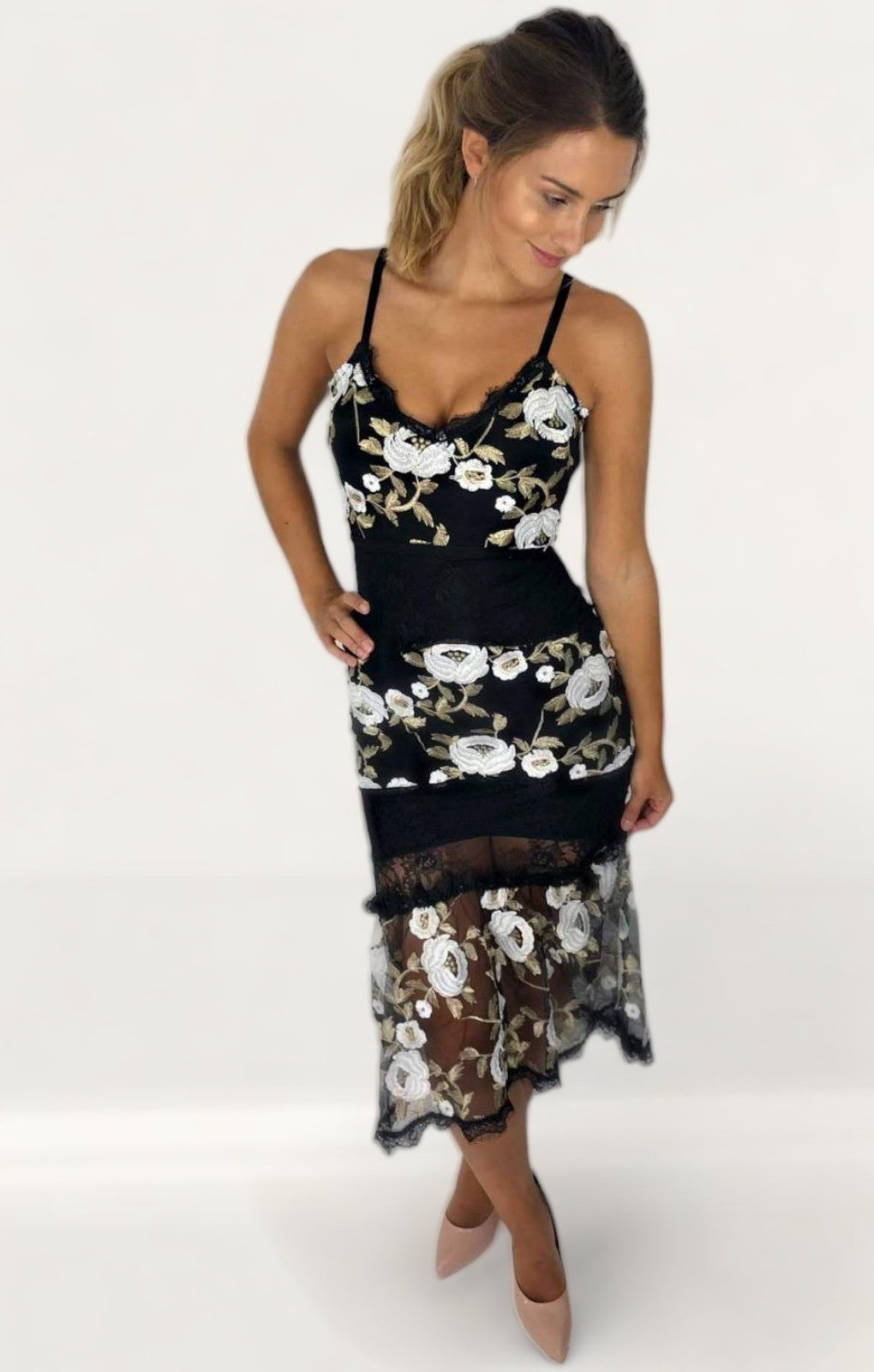 Black Midi Dress With Embroidered Floral Detail product image