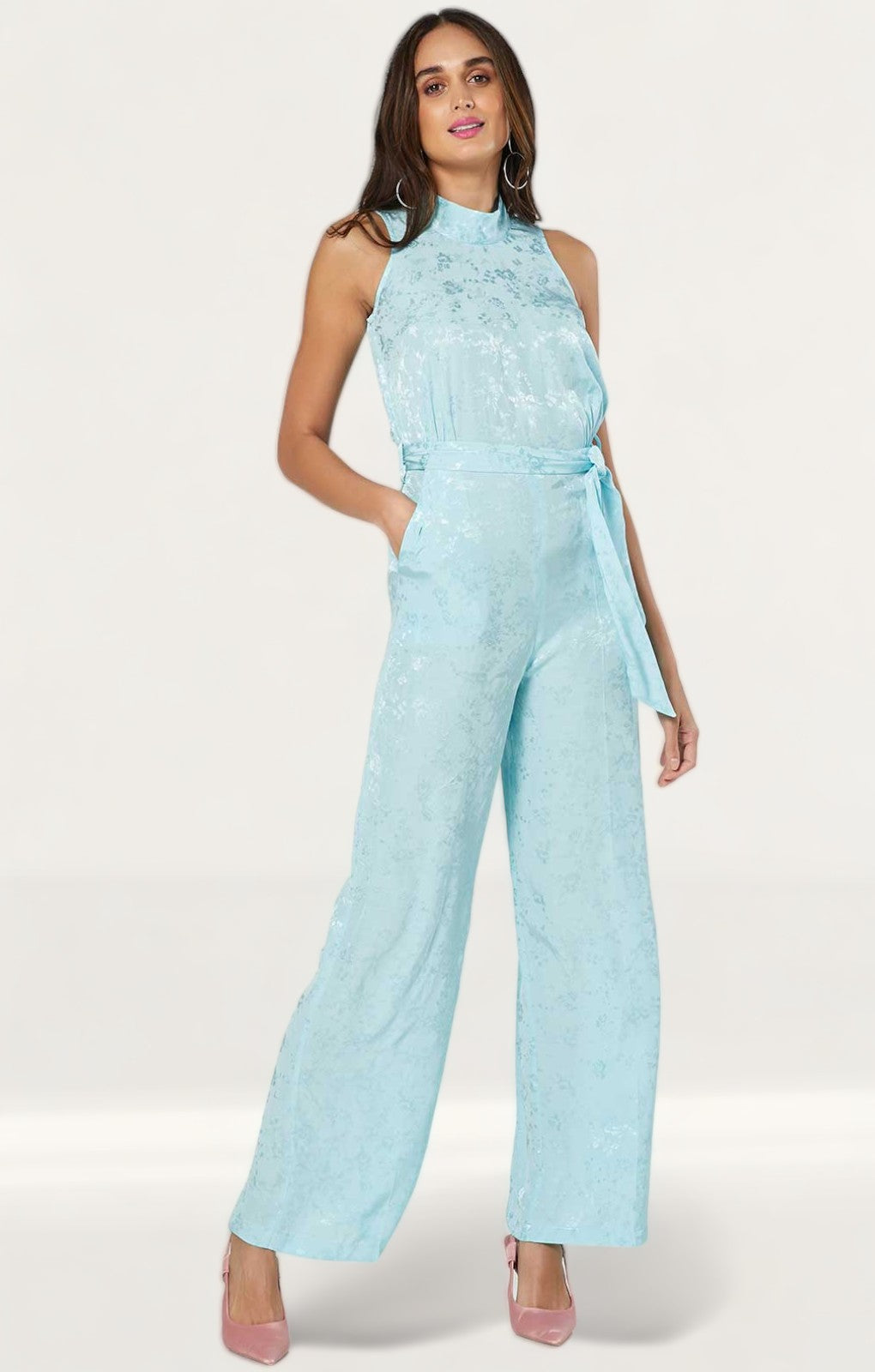 Closet London Blue Jacquard Floral Tie Neck Jumpsuit product image