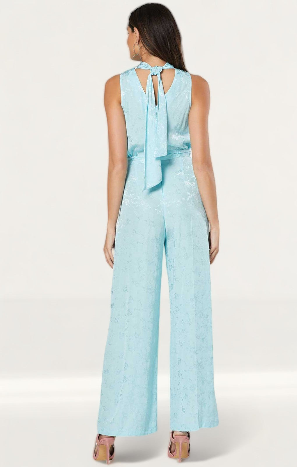 Closet London Blue Jacquard Floral Tie Neck Jumpsuit product image