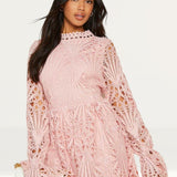 Boohoo Blush High Neck Flared Sleeve Lace Skater Dress