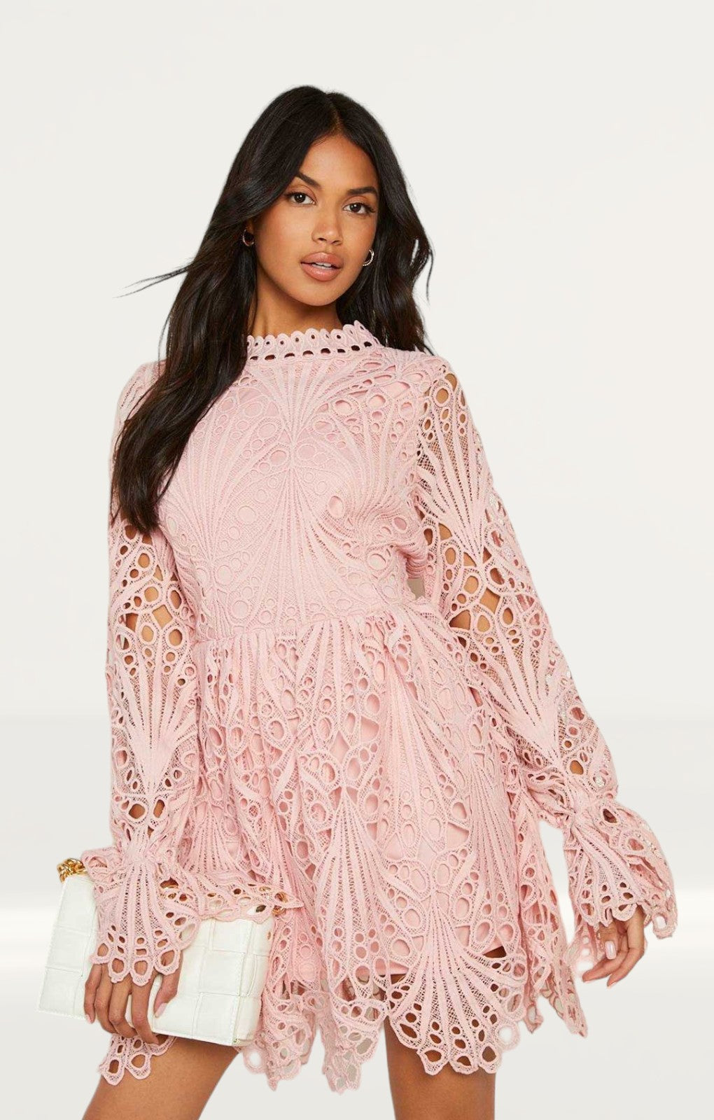 Boohoo Blush High Neck Flared Sleeve Lace Skater Dress
