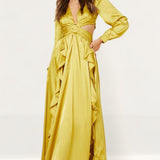 Boohoo Chartreuse Satin Ruffle Plunge Maxi Dress product image
