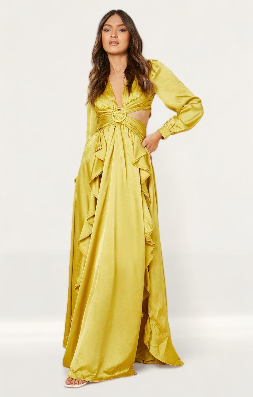 Boohoo Chartreuse Satin Ruffle Plunge Maxi Dress product image