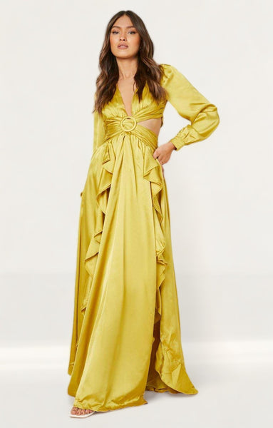 boohoo satin ruffle plunge maxi dress Boohoo Womens Plus Satin Ruffle Plunge Maxi Dress