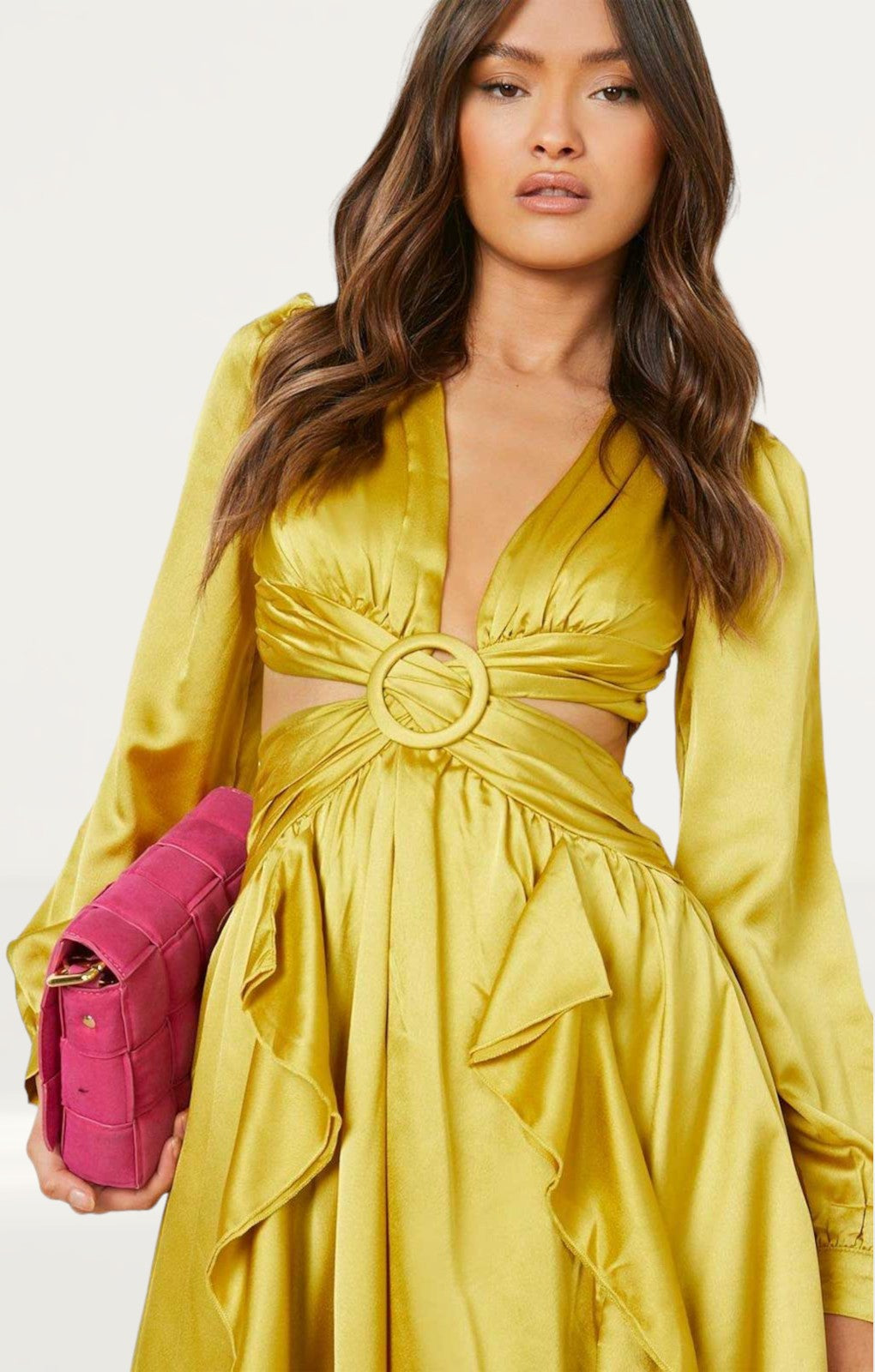Boohoo Chartreuse Satin Ruffle Plunge Maxi Dress product image
