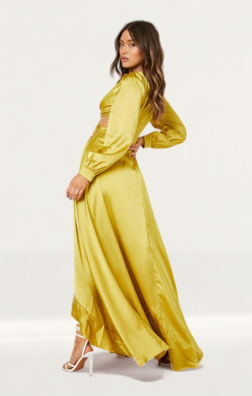 Boohoo Chartreuse Satin Ruffle Plunge Maxi Dress product image