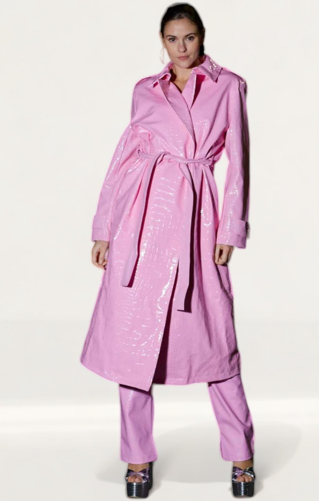 Bubblegum Pink Vinyl Trench & Flared Trouser Co-Ord