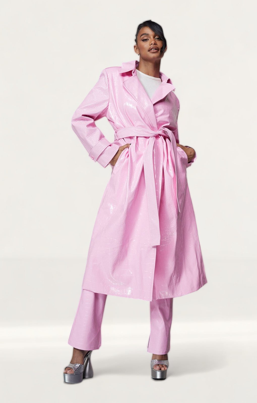 Bubblegum Pink Vinyl Trench & Flared Trouser Co-Ord