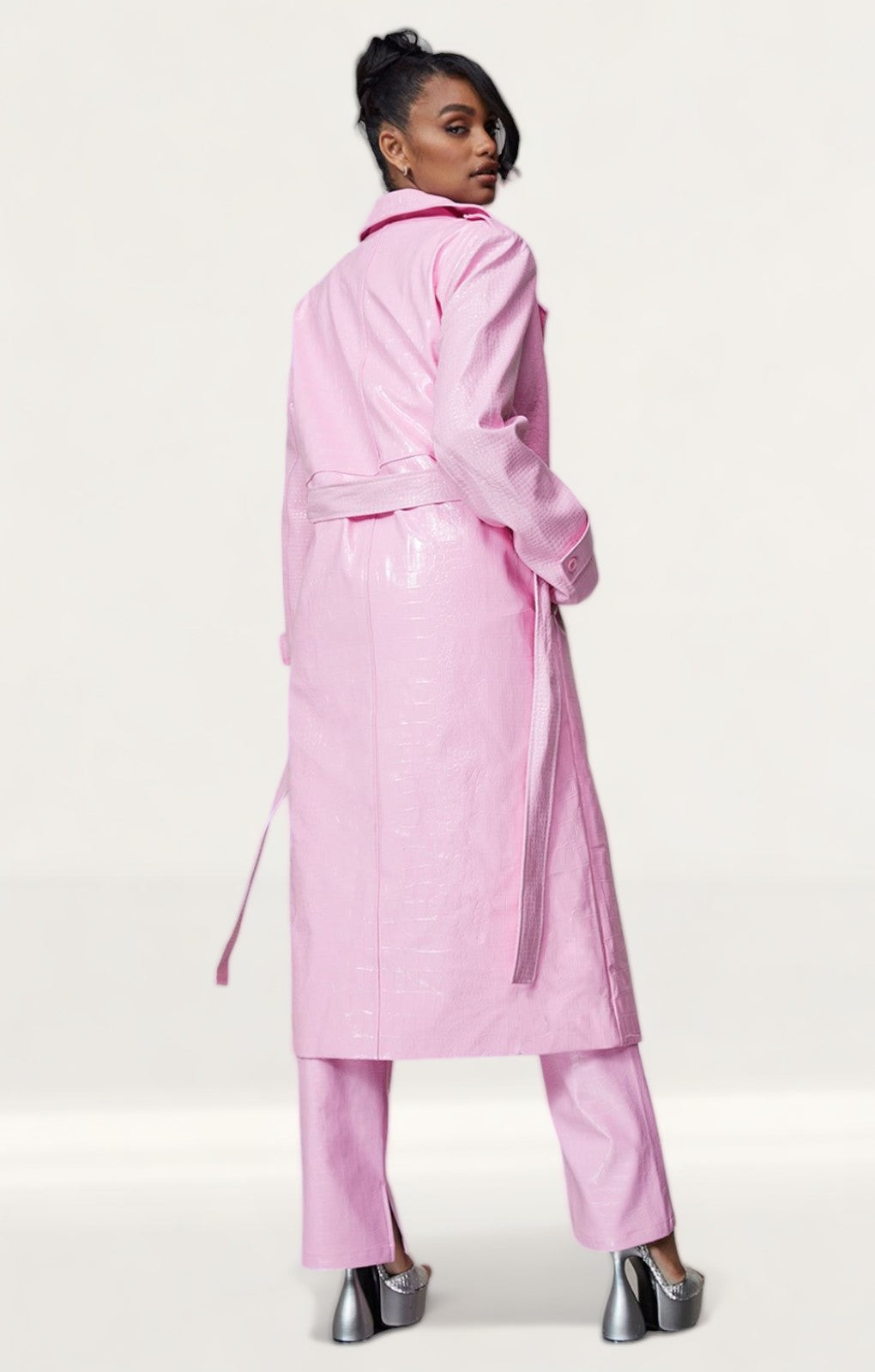 Bubblegum Pink Vinyl Trench & Flared Trouser Co-Ord