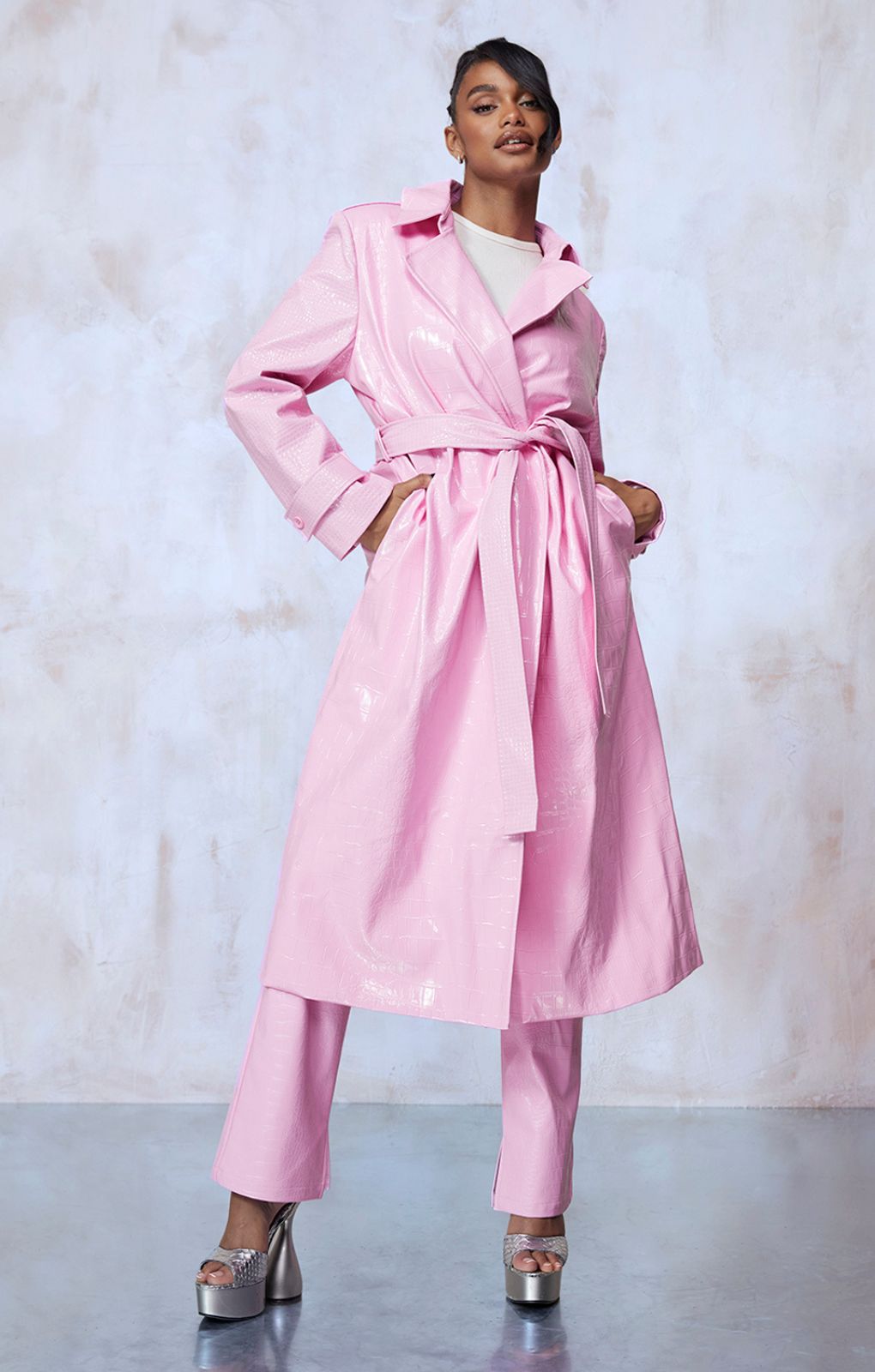 Bubblegum Pink Vinyl Trench & Flared Trouser Co-Ord product image