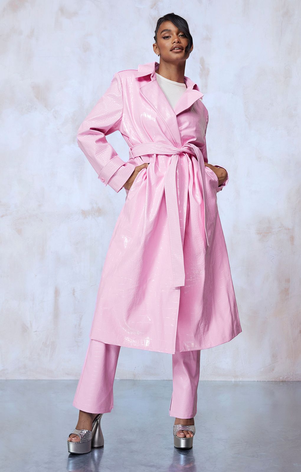 Bubblegum Pink Vinyl Trench & Flared Trouser Co-Ord