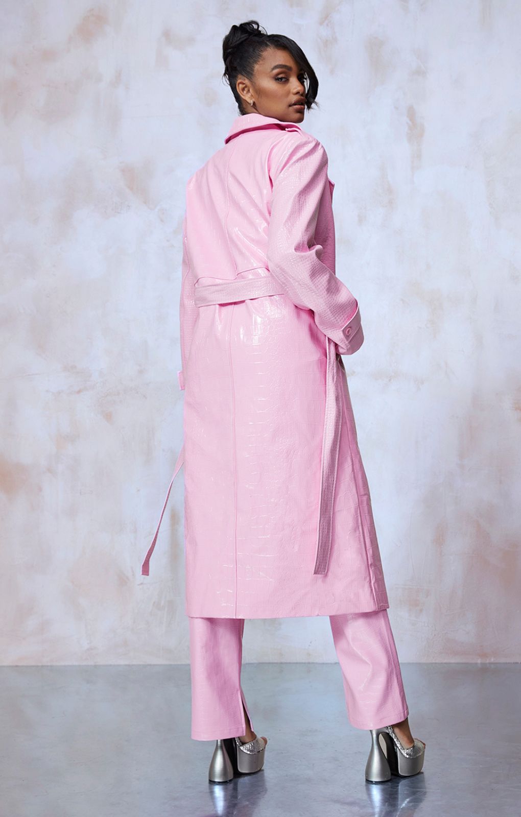 Bubblegum Pink Vinyl Trench & Flared Trouser Co-Ord