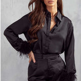 Misspap Black Milan Premium Satin Feather Trim Shirt product image