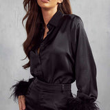 Misspap Black Milan Premium Satin Feather Trim Shirt