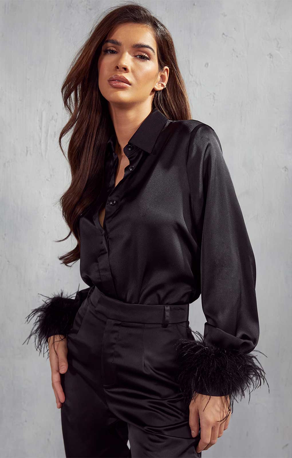 Misspap Black Milan Premium Satin Feather Trim Shirt