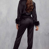 Misspap Black Milan Premium Satin Feather Trim Shirt