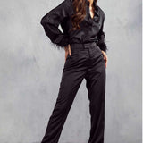 Misspap Black Milan Premium Satin Feather Trim Shirt