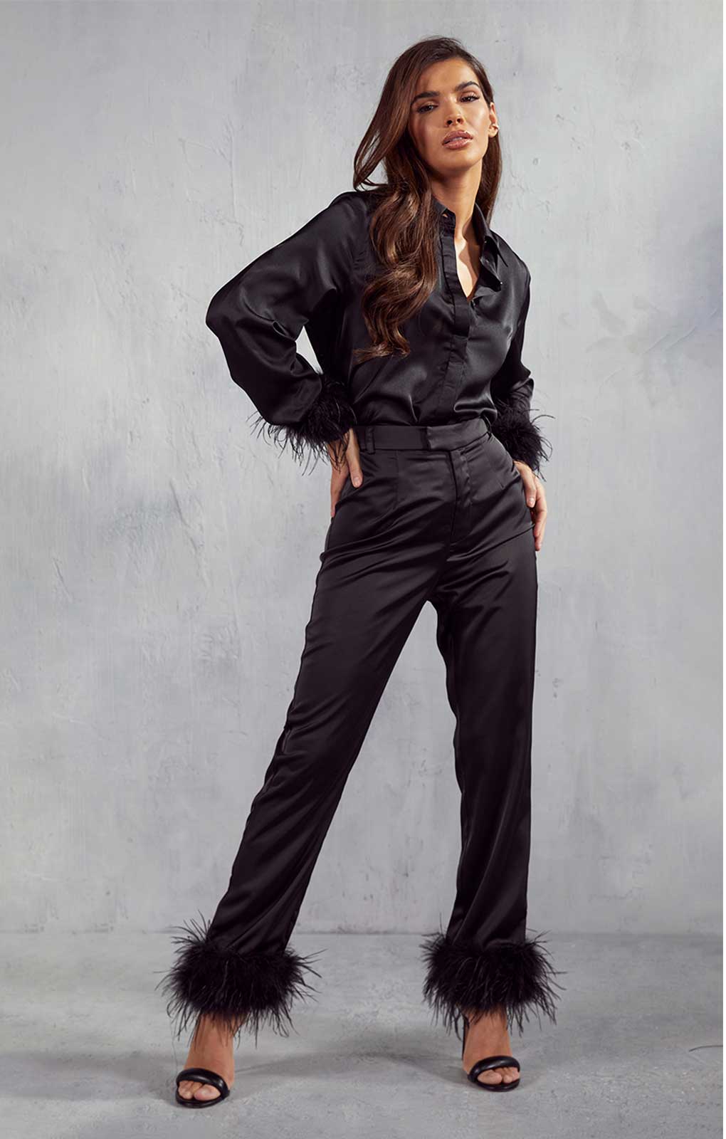 Misspap Black Milan Premium Satin Feather Trim Shirt