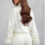 Misspap Ivory Milan Premium Satin Feather Trim Shirt product image