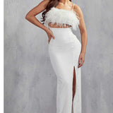 MissPap White Maeve Premium Satin Feather Maxi Dress
