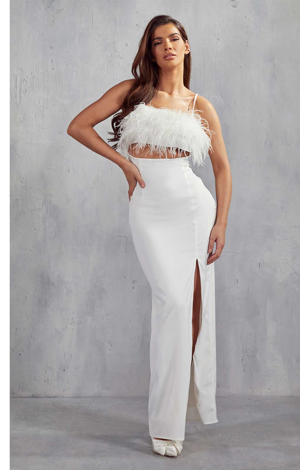 MissPap White Maeve Premium Satin Feather Maxi Dress