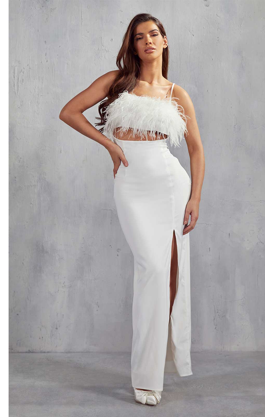 MissPap White Maeve Premium Satin Feather Maxi Dress product image