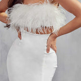 MissPap White Maeve Premium Satin Feather Maxi Dress